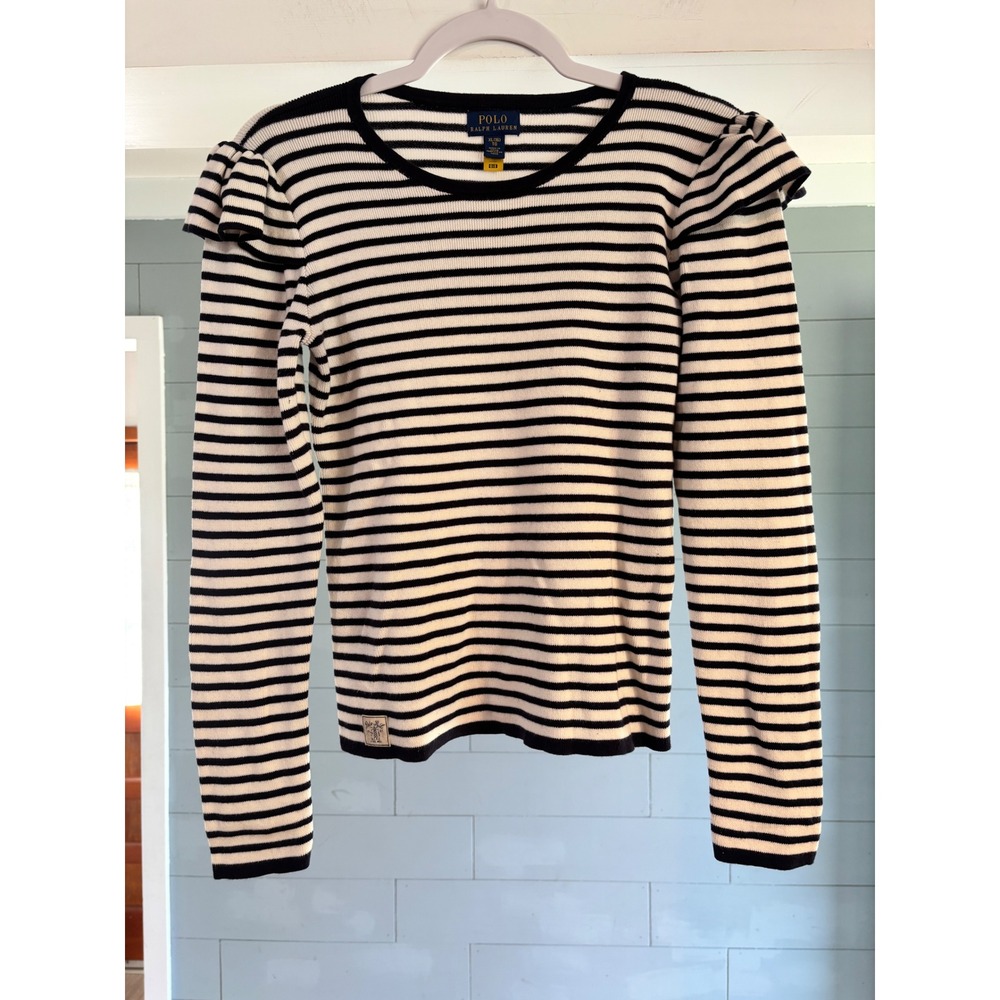 Polo Ralph Lauren Striped Ruffle‎ Shoulder Cotton Knit Sweater Navy White XL 16